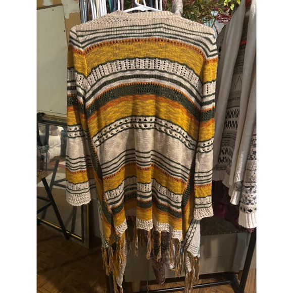 One World Fringe Open Front Cardigan Sweater Knit Boho Mustard Green - Picture 2 of 4